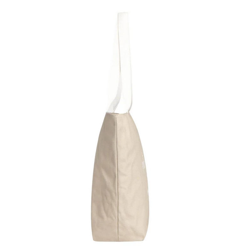 Borsa estiva in cotone color sabbia con manici bianchi decorata con pesci e scritta “Voglia di mare”
