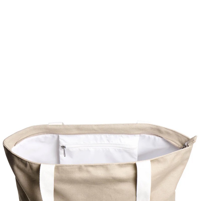 Borsa estiva in cotone color sabbia con manici bianchi decorata con pesci e scritta “Voglia di mare”