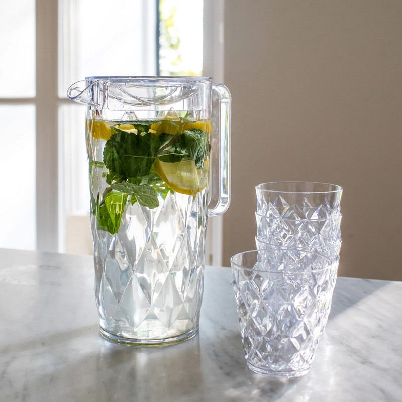 Set caraffa con 4 bicchieri trasparenti in melamina