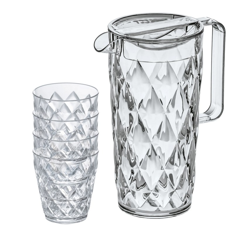 Set caraffa con 4 bicchieri trasparenti in melamina