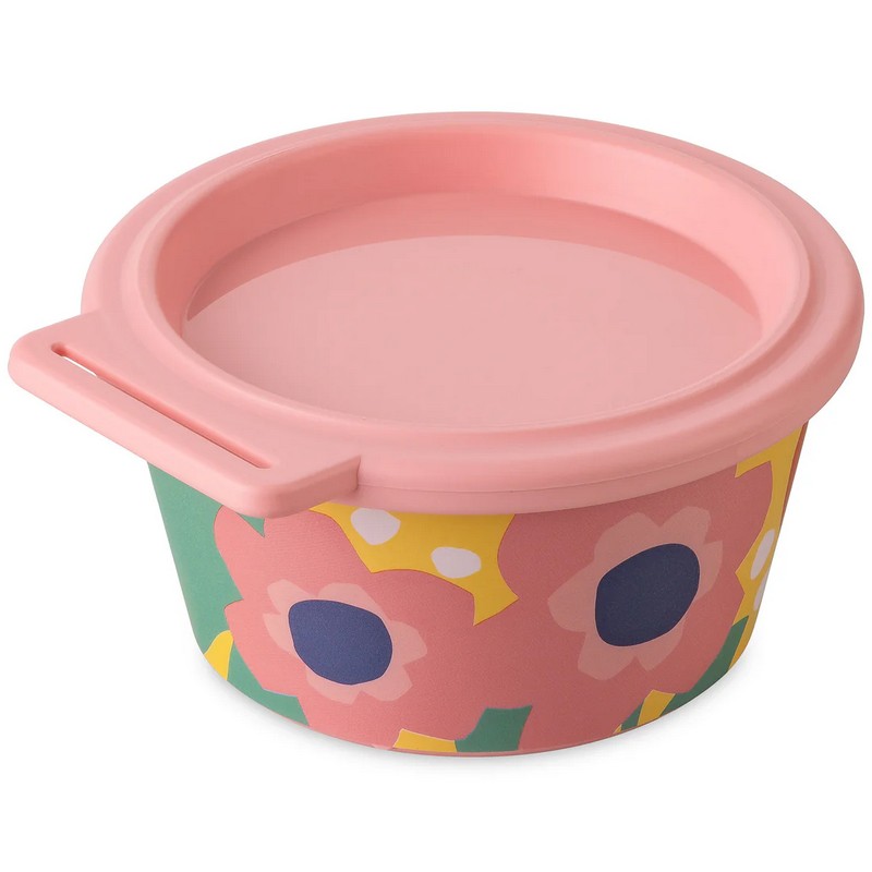 Ciotola con coperchio rosa floreale in bioplastica riciclabile, utilizzabile in lavastoviglie, microonde e freezer