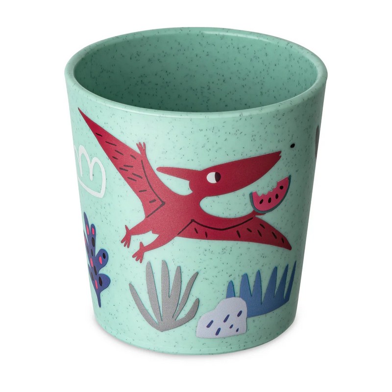 Bicchiere per bambini verde decorato con dinosauri in bioplastica riciclabile, utilizzabile in lavastoviglie, microonde e freezer
