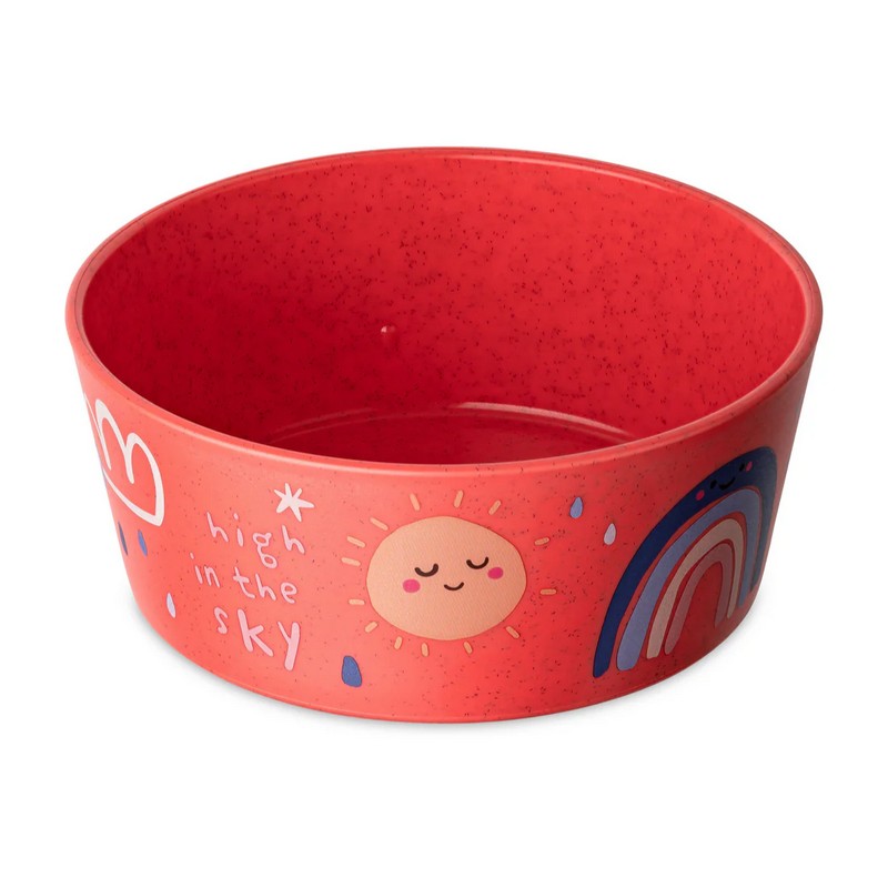 Ciotola per bambini rosso corallo decorata con sole e arcobaleno in bioplastica riciclabile, utilizzabile in lavastoviglie, microonde e freezer