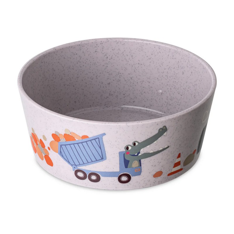 Ciotola per bambini grigio-viola decorata con animali operai in cantiere in bioplastica riciclabile, utilizzabile in lavastoviglie, microonde e freezer