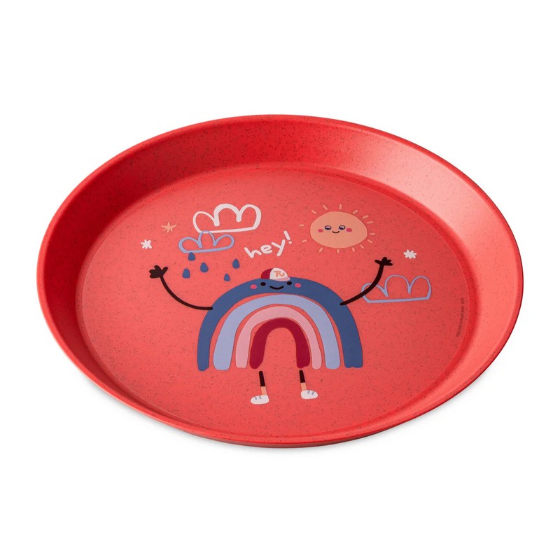 Piatto per bambini rosso corallo decorato con arcobaleno in bioplastica riciclabile, utilizzabile in lavastoviglie, microonde e freezer