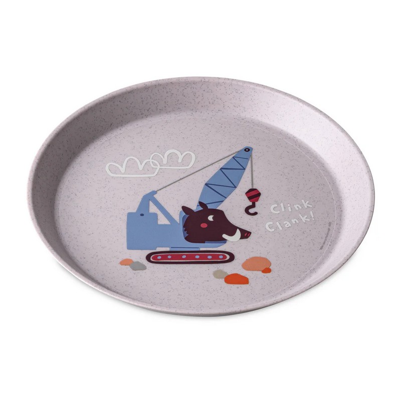 Piatto per bambini grigio-viola decorato con cinghiale operaio in bioplastica riciclabile, utilizzabile in lavastoviglie, microonde e freezer