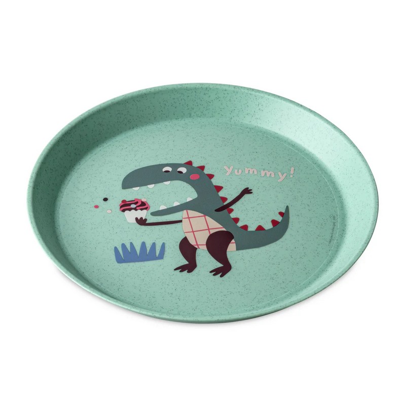 Piatto per bambini verde decorato con dinosauri in bioplastica riciclabile, utilizzabile in lavastoviglie, microonde e freezer