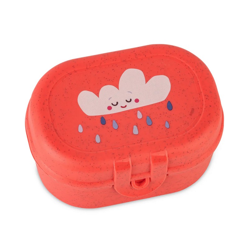Mini snackbox rosso corallo per bambini decorato con nuvola in bioplastica riciclabile, utilizzabile in lavastoviglie