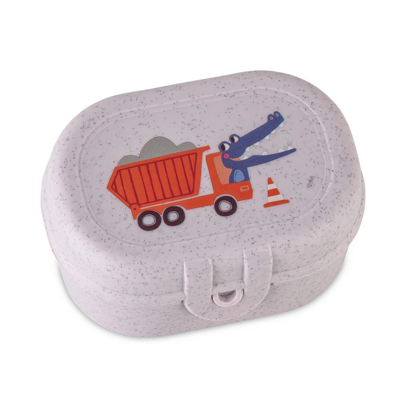 Mini snackbox grigio-viola per bambini decorato con coccodrillo operaio in bioplastica riciclabile, utilizzabile in lavastoviglie