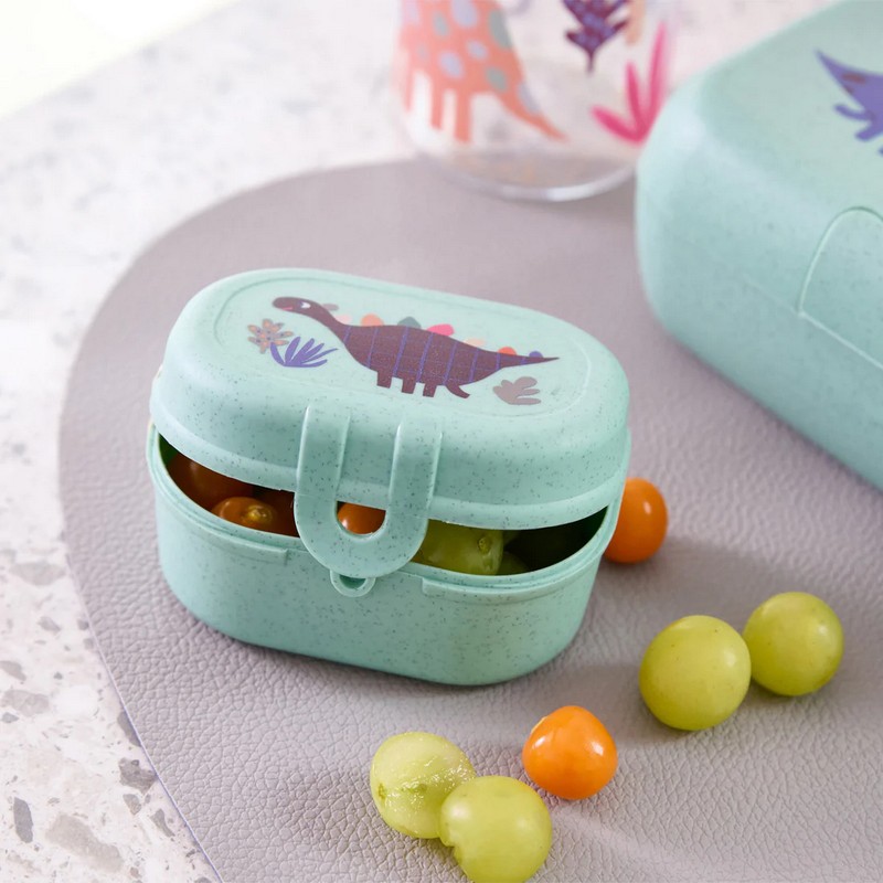 Mini snackbox verde per bambini decorato con dinosauro in bioplastica riciclabile, utilizzabile in lavastoviglie