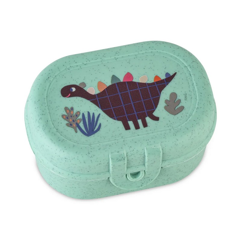 Mini snackbox verde per bambini decorato con dinosauro in bioplastica riciclabile, utilizzabile in lavastoviglie
