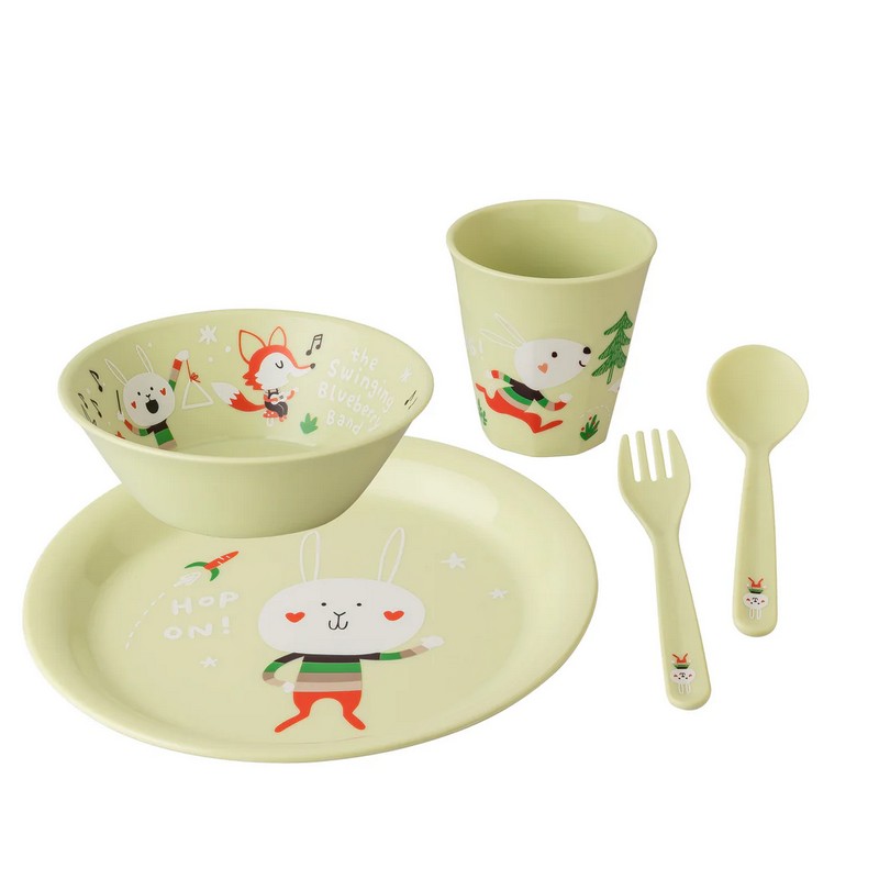 Set pappa verde con animali del bosco in bioplastica riciclabile, utilizzabile in lavastoviglie