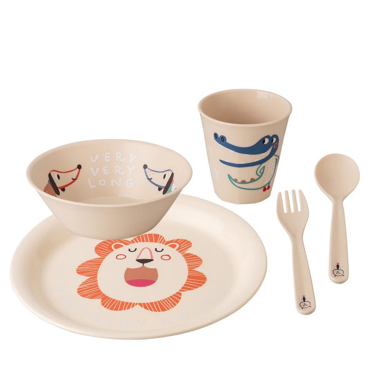 Set pappa beige con animali misti in bioplastica riciclabile, utilizzabile in lavastoviglie, microonde e freezer