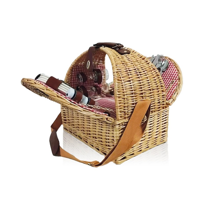 Cesto termico in legno con manico con set completo da picnic per 4 persone, contenente:  - posate in acciaio inox con manico in PP; - apribottiglie in acciaio inox con manico in legno; - piatti in ceramica; - bicchieri da vino in vetro