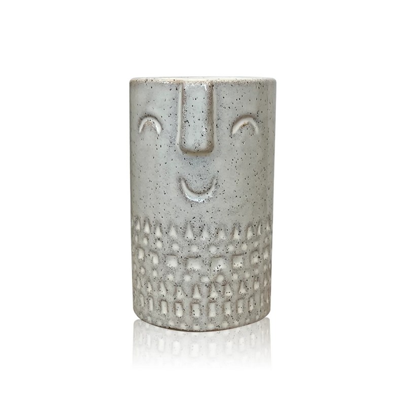 Portaspazzolino grigio con faccia sorridente in ceramica, utilizzabile anche come vaso