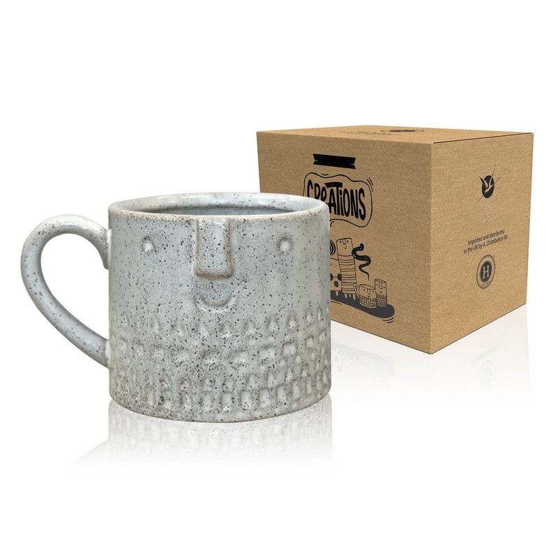 Tazza mug grigia con faccia in ceramica, utilizzabile anche come vaso