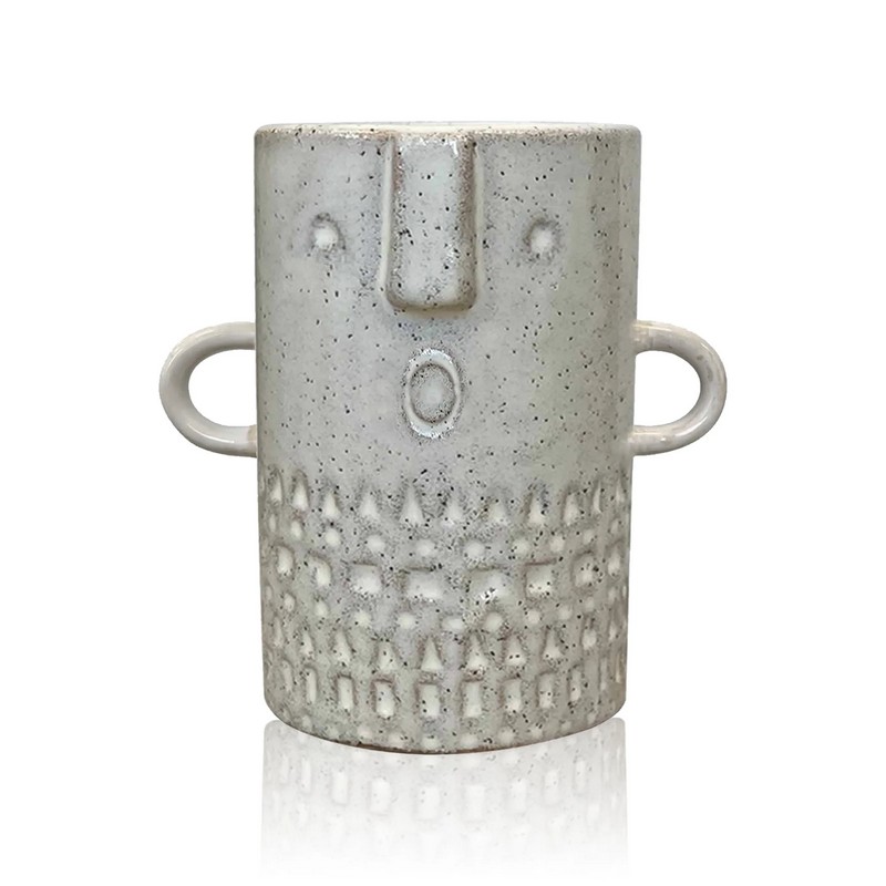 Vaso grigio con faccia stupita in ceramica