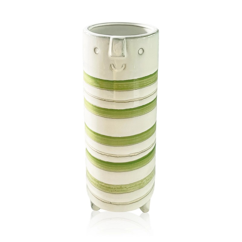 Vaso bianco a righe verdi con faccia felice in ceramica