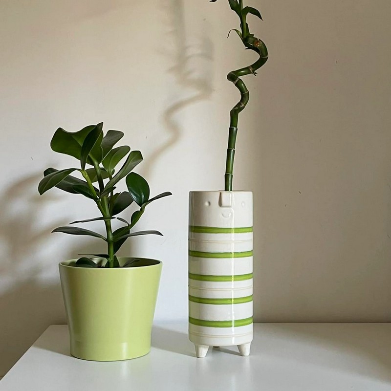 Vaso bianco a righe verdi con faccia felice in ceramica
