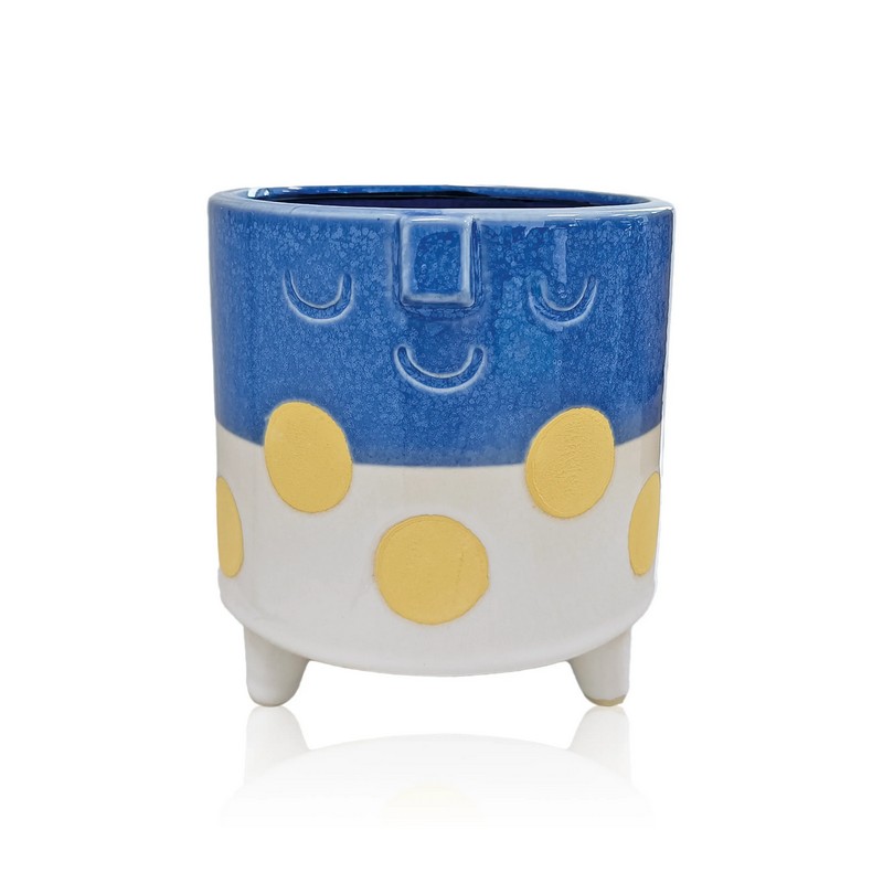 Vaso bianco e blu a pois gialli con faccia felice in ceramica