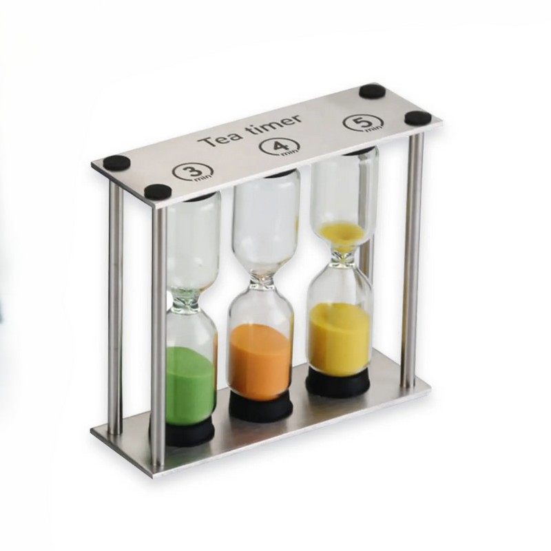 Clessidre per infusione del tè, da 3, 4 e 5 minuti, con sabbie di colori diversi e montate su appoggio in acciaio