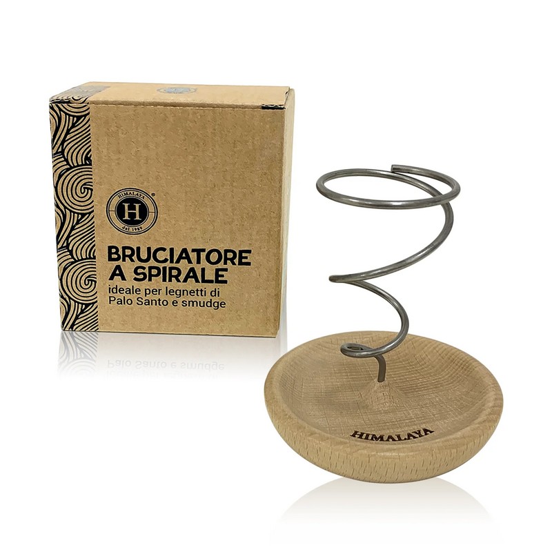 Bruciatore a spirale con base in legno per palo santo e salvia bianca