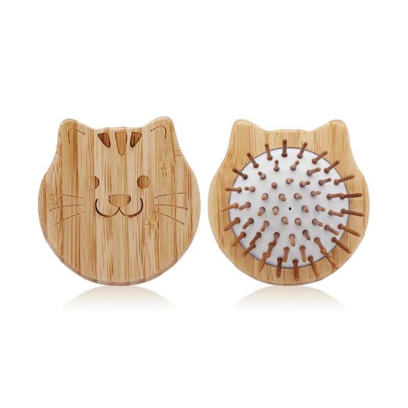 Spazzola per capelli portatile in bambù a forma di gatto