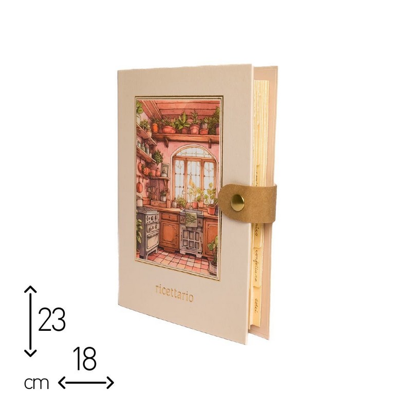 Ricettario ad anelli illustrato diviso in sezioni per tipologie di piatti, con decori a tema cucina
