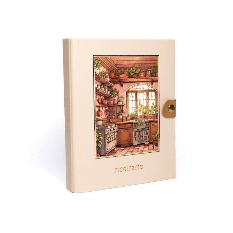 Ricettario ad anelli illustrato diviso in sezioni per tipologie di piatti, con decori a tema cucina