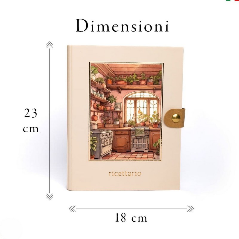 Ricettario ad anelli illustrato diviso in sezioni per tipologie di piatti, con decori a tema cucina