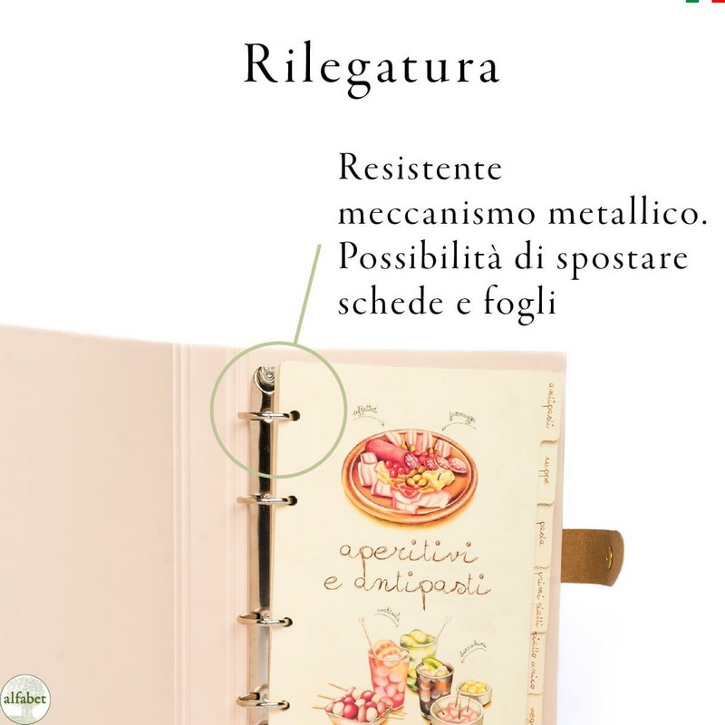 Ricettario ad anelli illustrato diviso in sezioni per tipologie di piatti, con decori a tema cucina