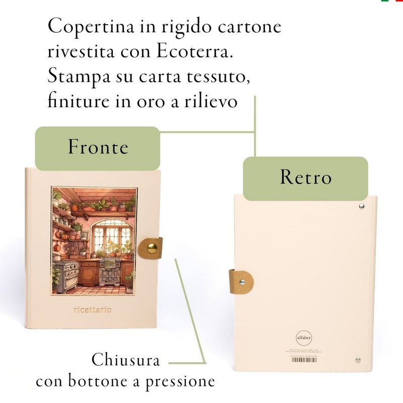 Ricettario ad anelli illustrato diviso in sezioni per tipologie di piatti, con decori a tema cucina
