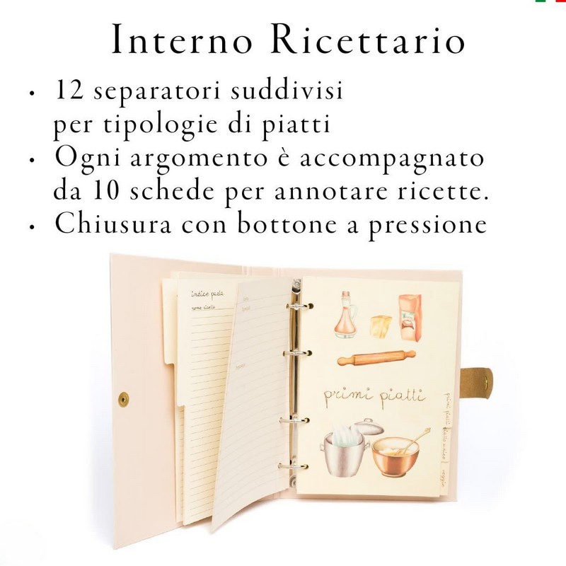 Ricettario ad anelli illustrato diviso in sezioni per tipologie di piatti, con decori a tema cucina