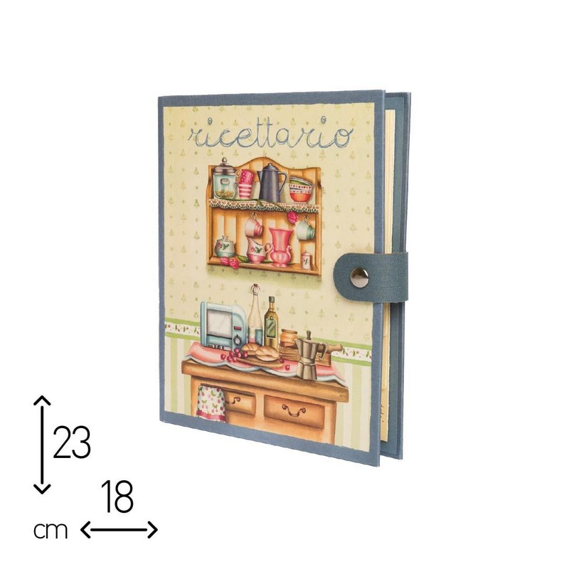 Ricettario blu ad anelli illustrato diviso in sezioni per tipologie di piatti, con decori a tema cucina