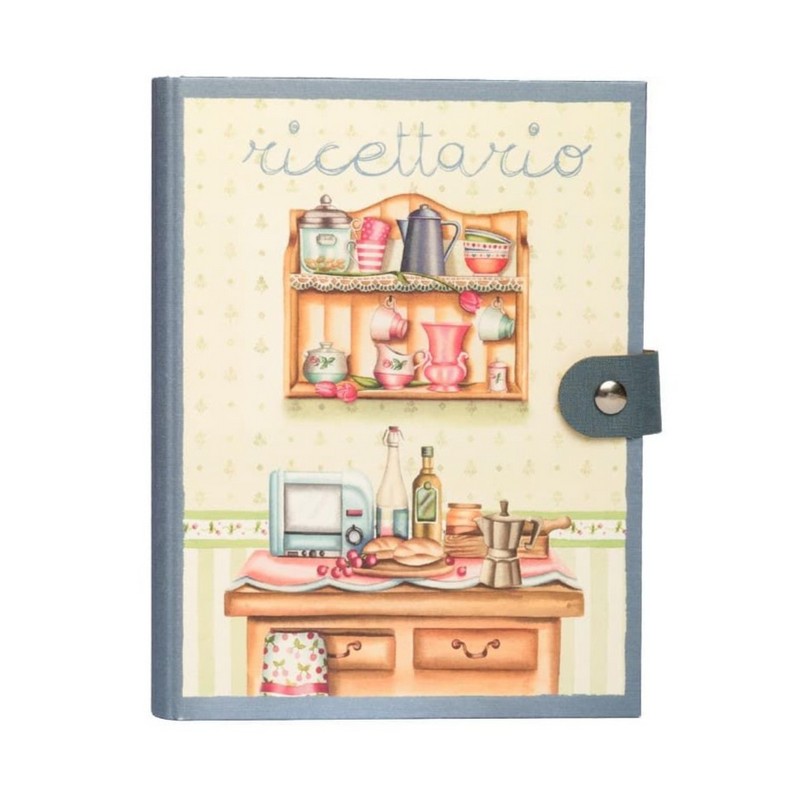 Ricettario blu ad anelli illustrato diviso in sezioni per tipologie di piatti, con decori a tema cucina