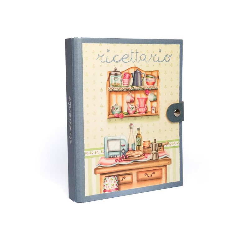 Ricettario blu ad anelli illustrato diviso in sezioni per tipologie di piatti, con decori a tema cucina