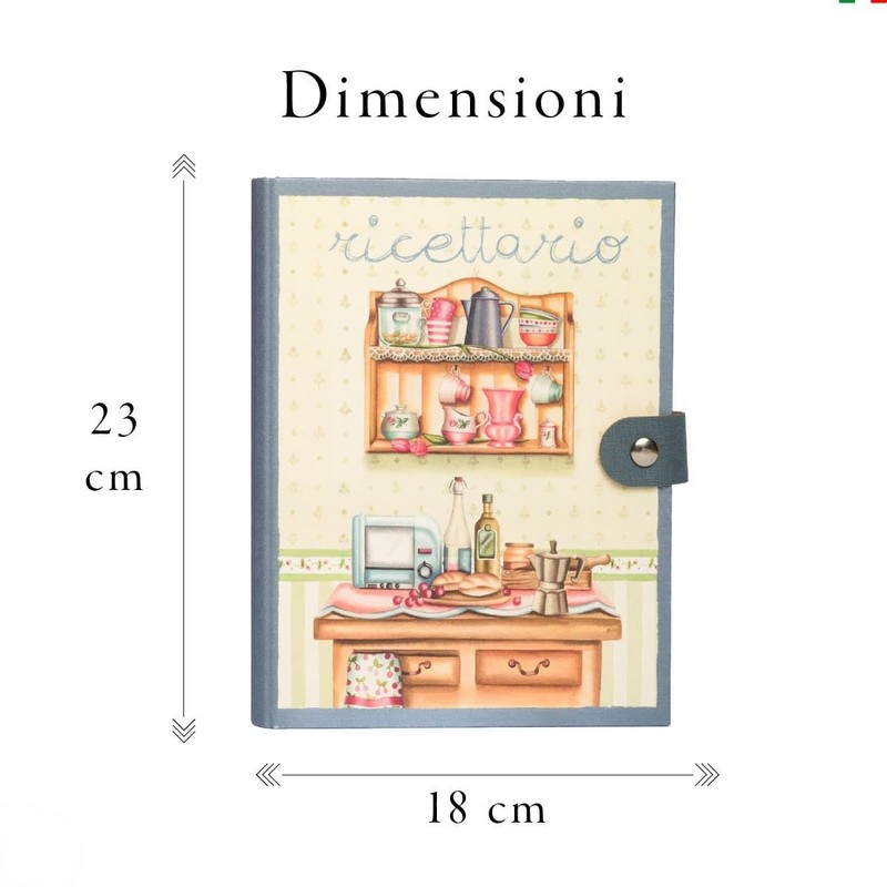 Ricettario blu ad anelli illustrato diviso in sezioni per tipologie di piatti, con decori a tema cucina