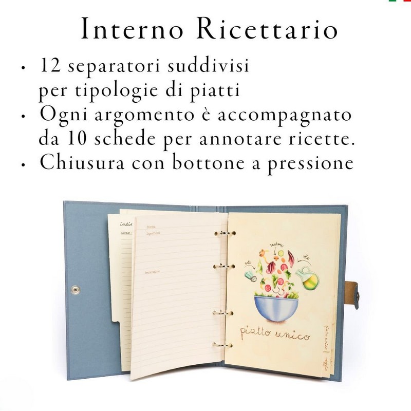 Ricettario blu ad anelli illustrato diviso in sezioni per tipologie di piatti, con decori a tema cucina
