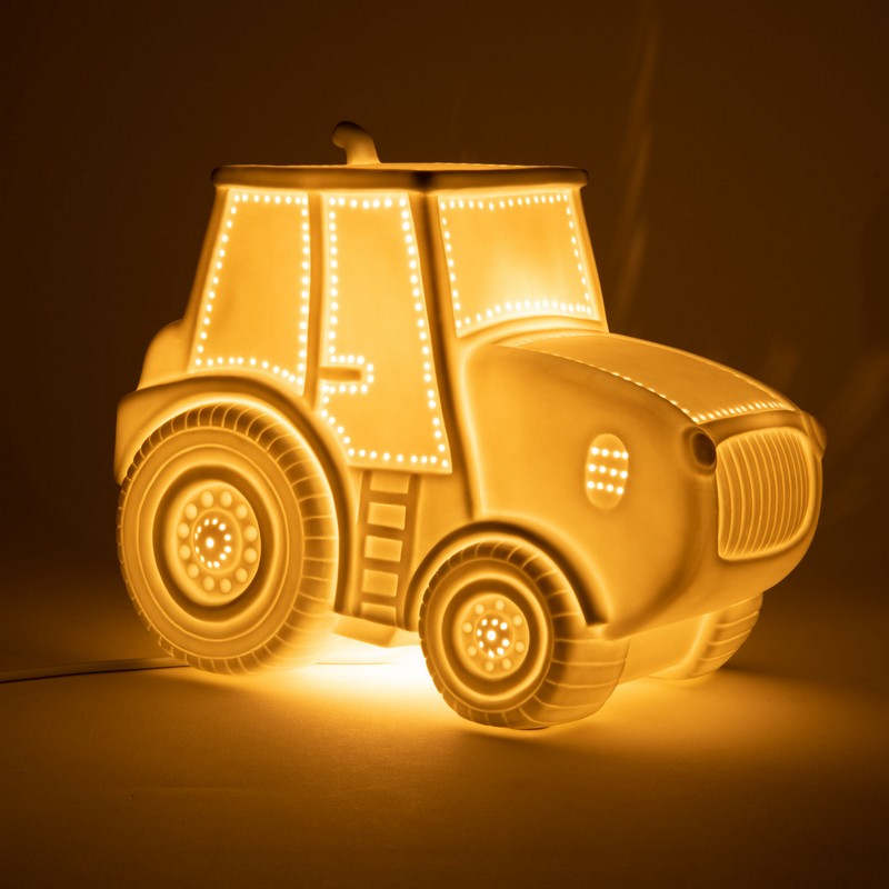 Lampada a forma di trattore in porcellana, perfetta per camerette e appassionati di mezzi di trasporto