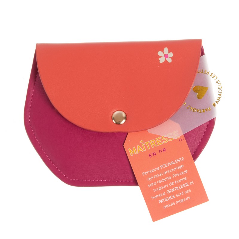Portamonete in similpelle color arancione e prugna con chiusura a bottone
