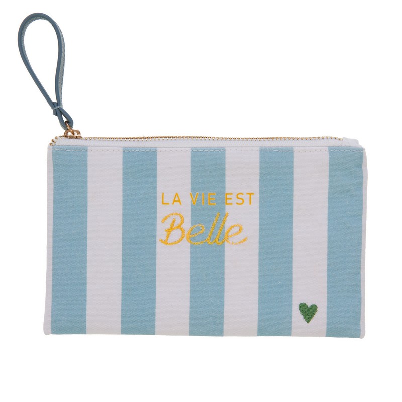Pochette con zip in tessuto a righe bianche e azzurre con scritta “La vie est belle”