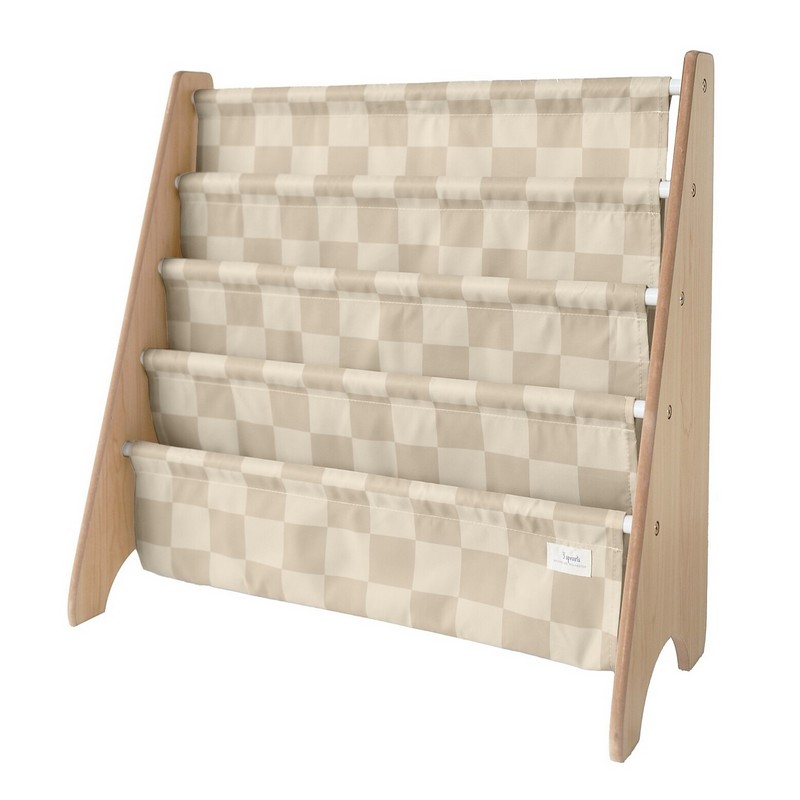 Libreria frontale montessoriana per bambini in legno decorata a scacchi