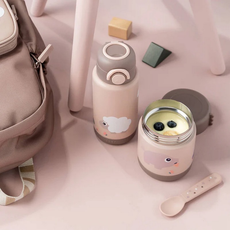Contenitore termico alimentare in acciaio inossidabile per bambini rosa decorato con maiale e pecora, con chiusura ermetica e di dimensioni portatili