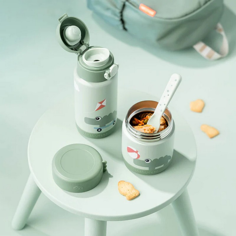 Contenitore termico alimentare in acciaio inossidabile per bambini verde decorato con coccodrillo, con chiusura ermetica e di dimensioni portatili
