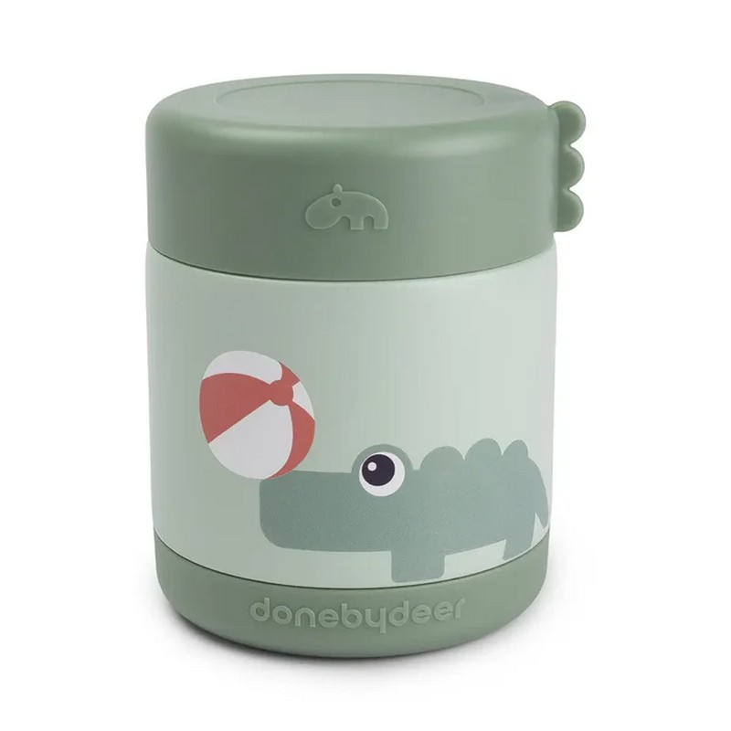 Contenitore termico alimentare in acciaio inossidabile per bambini verde decorato con coccodrillo, con chiusura ermetica e di dimensioni portatili