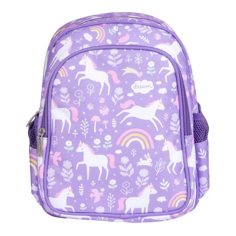 Zaino con tasca termica per bambini viola decorato con unicorni