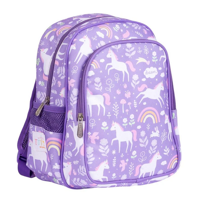 Zaino con tasca termica per bambini viola decorato con unicorni