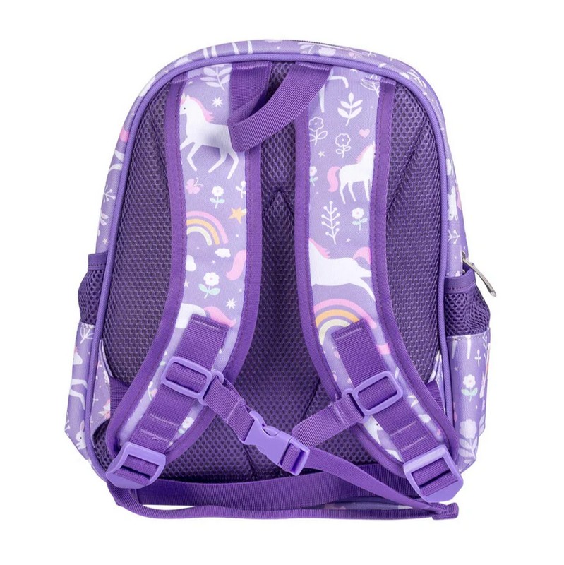 Zaino con tasca termica per bambini viola decorato con unicorni