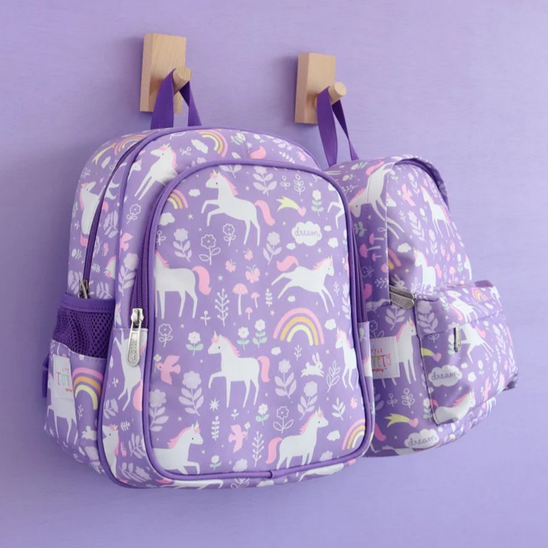 Zaino con tasca termica per bambini viola decorato con unicorni