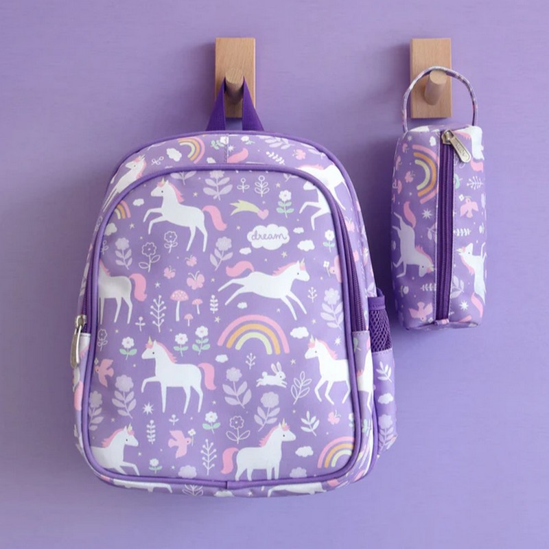 Zaino con tasca termica per bambini viola decorato con unicorni